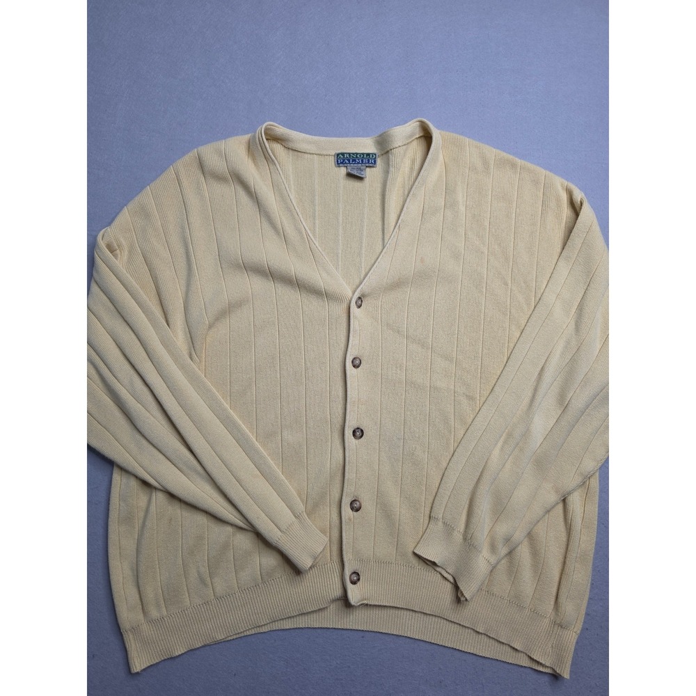 Arnold Palmer Cardigan Sweater Men 2XL Beige Cotton Ribbed Knit Warm Wear Winter